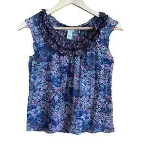 Odille Anthropologie 100% Silk Sheer Floral Ruffle Sleeveless Blouse Sz 0